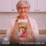 Фартух Подрузі для чаювання, бежевий, на жінці, з усмішкою, бренд Згадка.