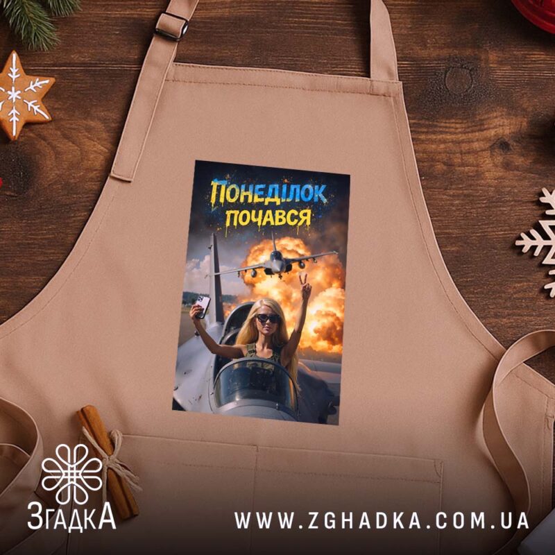 Фартух понеділок почався мем дизайн, бежевий фон, святковий декор, бренд Згадка.