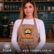 Фартух посміхнись мультяшний стиль, бежевий, на жінці, кухня на фоні, бренд Згадка.