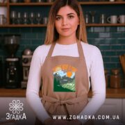 Фартух поведи мене в гори подарунок, бежевий на моделі, кухня на фоні,.