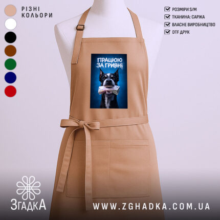 Фартух працюю за гривні, бежевий, з принтом собаки, бренд Згадка.