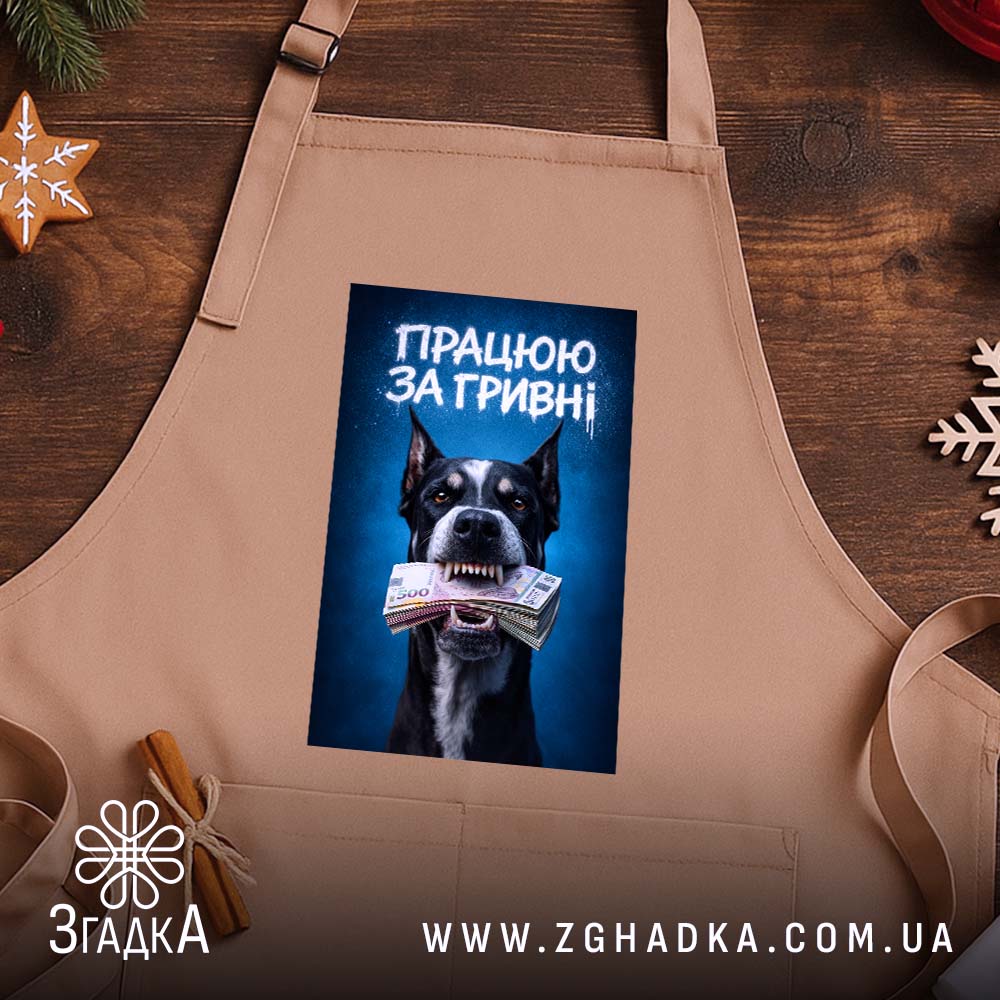 Фартух працюю за гривні, бежевий, на дерев'яному фоні, бренд Згадка.