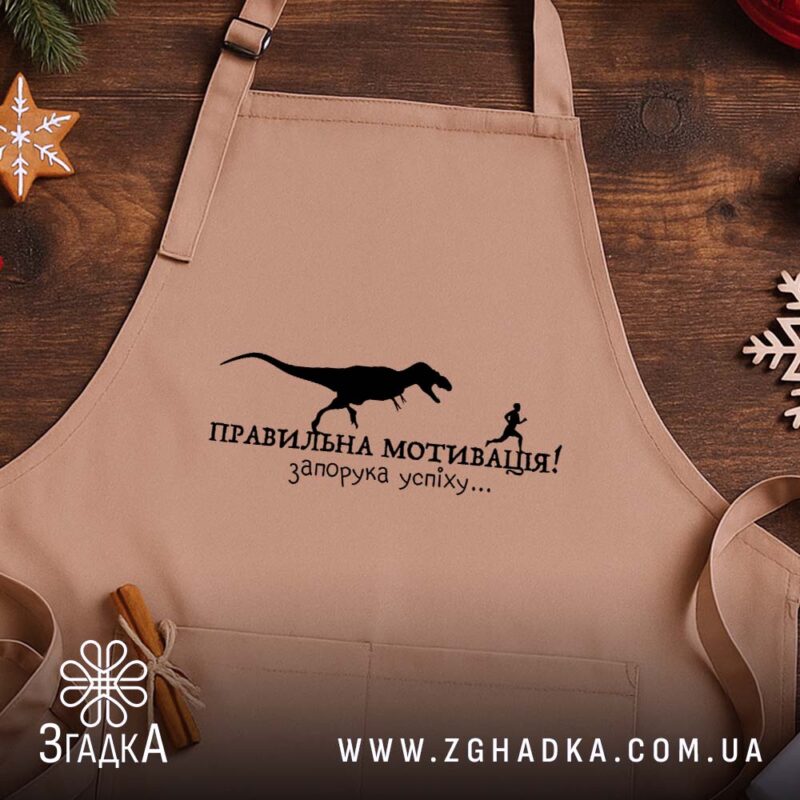 Фартух правильна мотивація, бежевий фон, дерев'яний стіл, бренд Згадка.