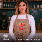 Фартух продам помідори прикольний мем, бежевий на моделі, кухня, бренд Згадка.