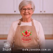 Фартух продам помідори прикольний мем, бежевий на жінці, кухня, бренд Згадка.