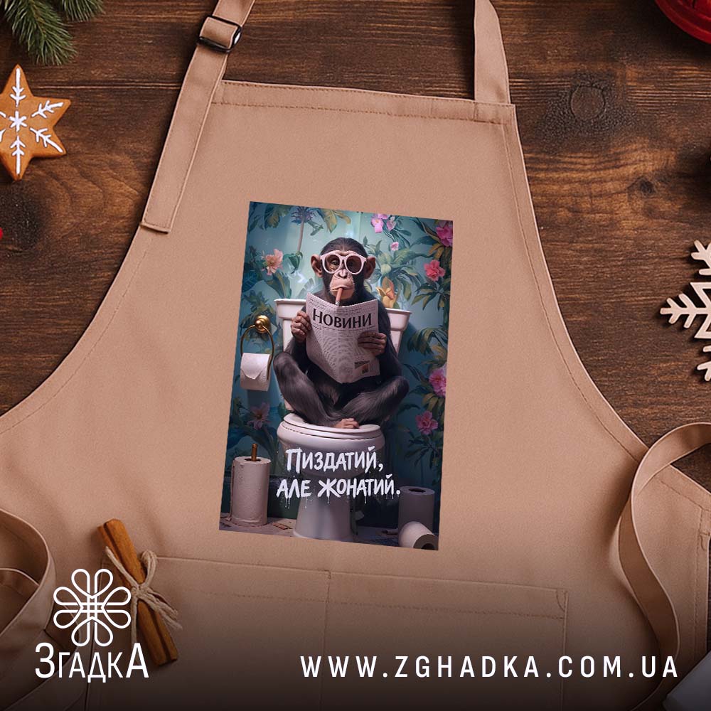 Фартух пиздатий але жонатий, бежевий, на дерев'яному фоні, бренд Згадка.