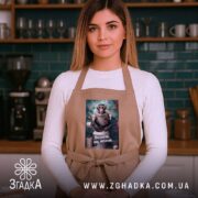 Фартух пиздатий але жонатий, бежевий, на жінці в кухні, бренд Згадка.