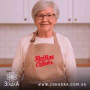 Фартух Red Flag Collector на літній жінці, бежевий колір, з принтом, Згадка.