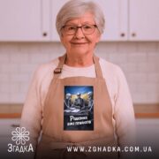 Фартух рішення вже прийнято, бежевий, на жінці, світлий фон, бренд Згадка.