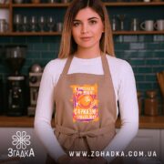 Фартух сарказм іронія мат яскравий принт, бежевий, модель у кухні, зав'язки на.