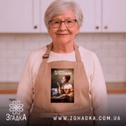 Фартух Серцем на морі, бежевий, на жінці в кухні, бренд Згадка.