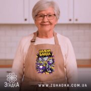 Фартух шалена банда рок стиль, бежевий, на жінці з сивим волоссям, кухня.