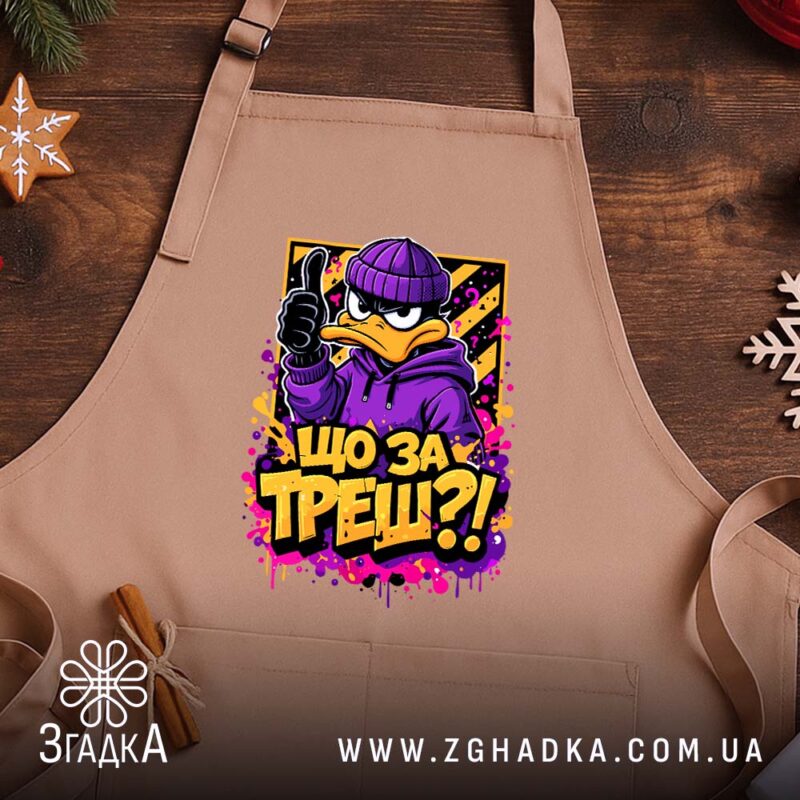 Фартух що за треш з качкою, бежевий, на дерев'яному фоні, бренд Згадка.