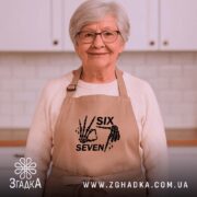 Фартух six seven мем дизайн, бежевий, на жінці похилого віку, кухня на.