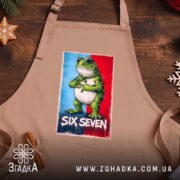 Фартух six seven мем стиль, бежевий, принт з жабою на дерев'яному фоні,.