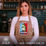 Фартух six seven мем стиль, бежевий, на моделі в кухні, принт з.