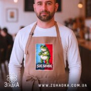 Фартух six seven мем стиль, бежевий, на чоловікові в кафе, принт з.