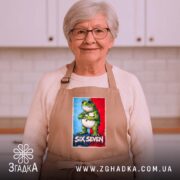 Фартух six seven мем стиль, бежевий, на жінці з окулярами, принт з.