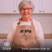 Фартух six seven жест руками, бежевий, на жінці, світлий фон, бренд Згадка.