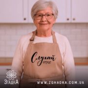 Фартух слухай серце на літній жінці, бежевий, з принтом, затишний стиль, бренд.