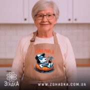 Фартух сонце море я, бежевий, на жінці, кухня з білими меблями, бренд.