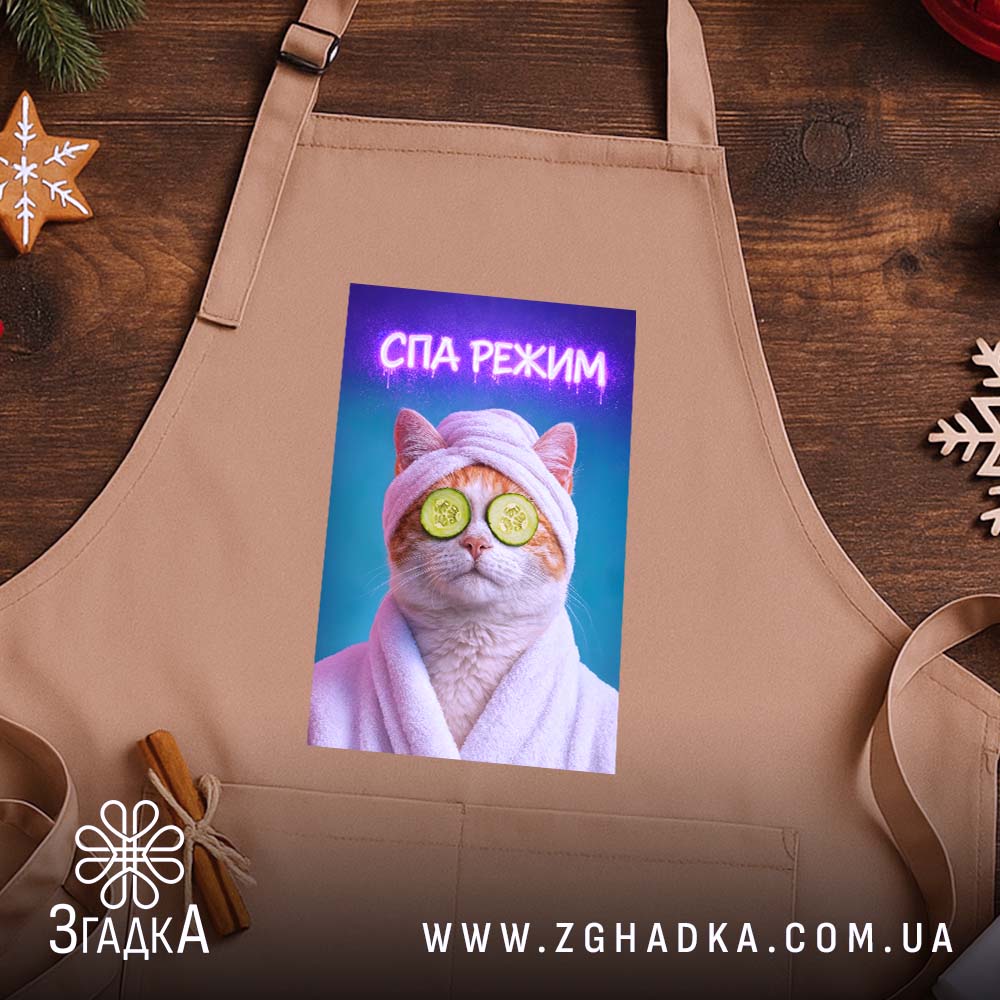 Фартух СПА режим кіт релакс стиль, бежевий фон, принт кота на дерев'яному.