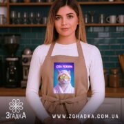 Фартух СПА режим кіт релакс стиль, бежевий, на дівчині в кухні, принт.