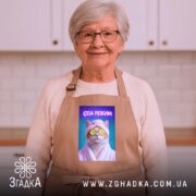 Фартух СПА режим кіт релакс стиль, бежевий, на жінці похилого віку, кухонний.