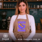Фартух спати мій талант, бежевий, на моделі, кухня, бренд Згадка.