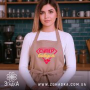 Фартух супер бабуся, коричневого кольору, з переднього ракурсу, на фоні сучасної кухні з зеленими плитками, з принтом у вигляді червоного діаманта з написом 'СУПЕР бабуся' жовтим кольором та червоними сердечками.