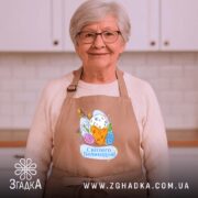 Фартух Світлого Великодня святковий принт, бежевий, на жінці з окулярами, бренд Згадка.