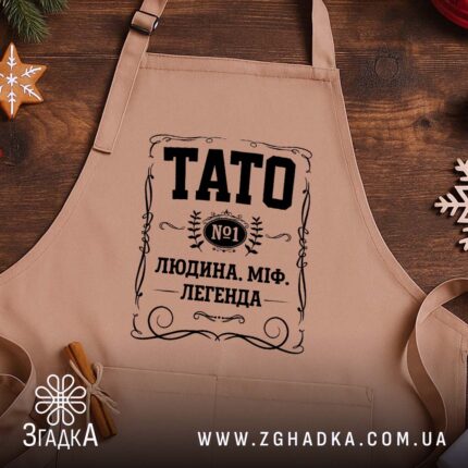 Фартух тато людина міф легенда, бежевий, на дерев'яному фоні, бренд Згадка.