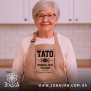 Фартух тато людина міф легенда, бежевий, на жінці, кухня, бренд Згадка.