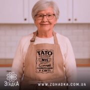 Фартух Тато найкращий чоловік, бежевий, на жінці, світлий фон, бренд Згадка.