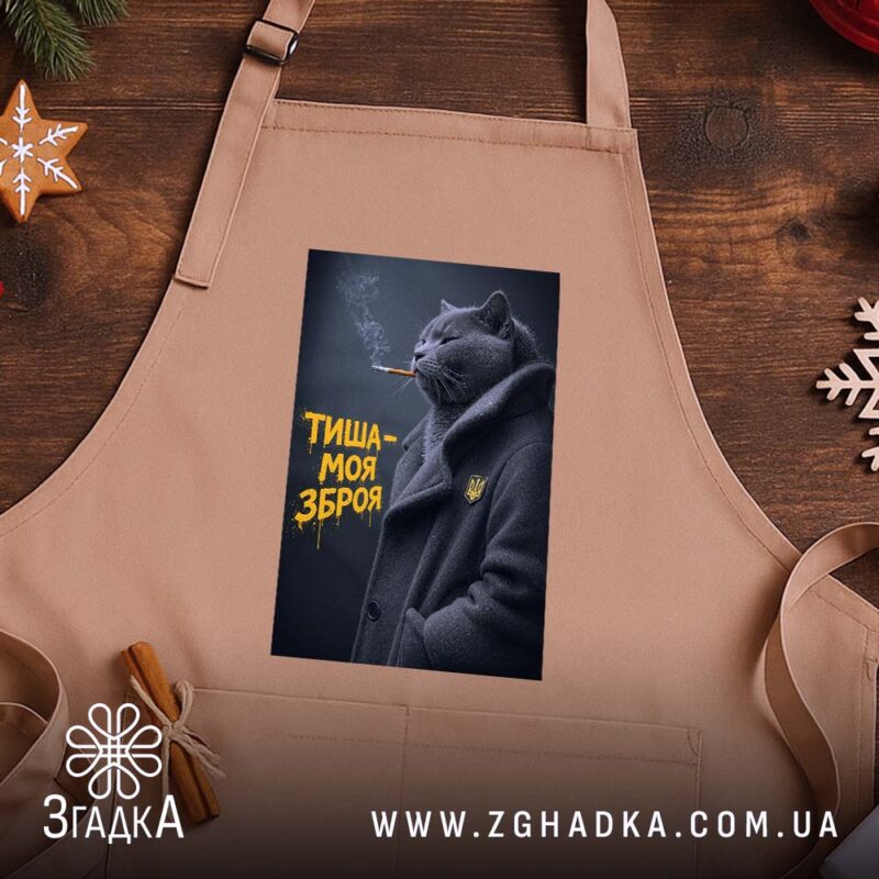 Фартух тиша моя зброя, бежевий на дерев'яному фоні, з принтом кота, бренд.
