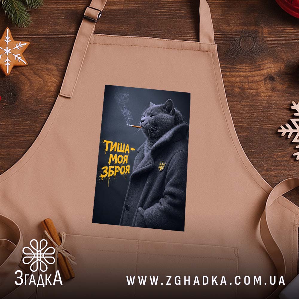 Фартух тиша моя зброя, бежевий на дерев'яному фоні, з принтом кота, бренд.