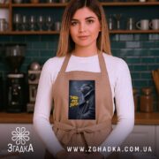 Фартух тиша моя зброя, бежевий, на моделі в кухні, з принтом кота,.