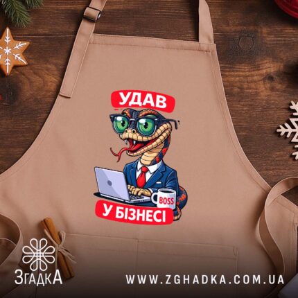 Фартух удав у бізнесі, бежевий, на дерев'яному фоні, бренд Згадка.