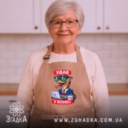 Фартух удав у бізнесі, бежевий, на жінці, світлий фон, бренд Згадка.