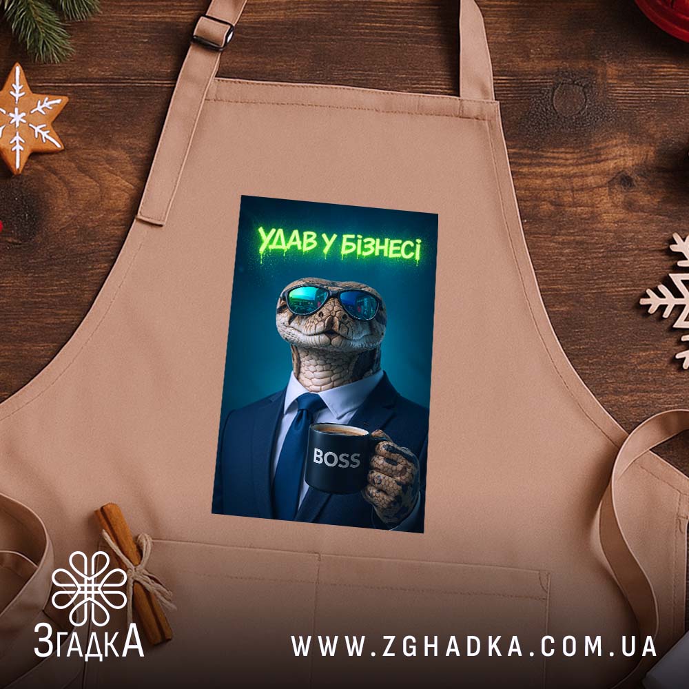 Фартух удав у бізнесі стильний бос, бежевий, на дерев'яному фоні, бренд Згадка.
