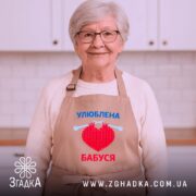 Фартух улюблена бабуся, бежевий колір, зображений на манекені, фон світлий, принт з червоним серцем та синім текстом.