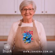 Фартух важкі часи незламний дух, бежевий, на жінці з окулярами, світла кухня,.