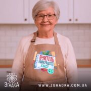 Фартух вчитель найкращого класу, бежевий, на жінці з сивим волоссям, бренд Згадка.