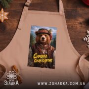 Фартух ведмідь символ сили Карпат, бежевий фон, принт ведмедя на дерев'яній поверхні,.