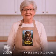 Фартух ведмідь символ сили Карпат, бежевий, на жінці, світла кухня на фоні,.