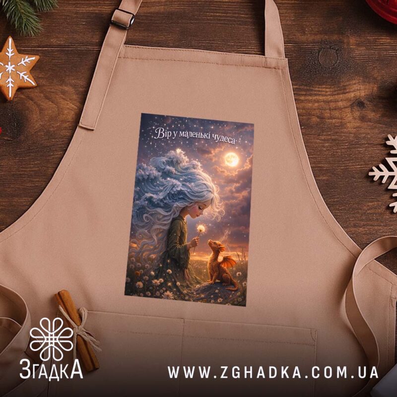 Фартух вір у маленькі чудеса, бежевий на дерев'яному фоні, бренд Згадка.