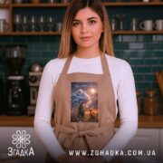 Фартух вір у маленькі чудеса, бежевий на жінці в кухні, бренд Згадка.