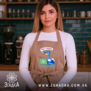 Фартух вірю людям тільки після передоплати, бежевий, на моделі в кухні, бренд.