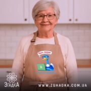 Фартух вірю людям тільки після передоплати, бежевий, на жінці в кухні, бренд.