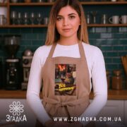 Фартух все нормально мем стиль, бежевий фартух на жінці в кухні, бренд.